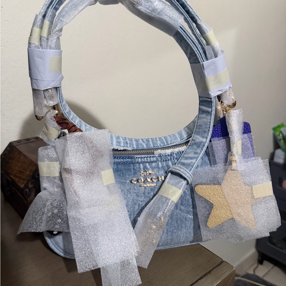 Coach Loved Denim Teri Shoulder Bag with long strap and Charms